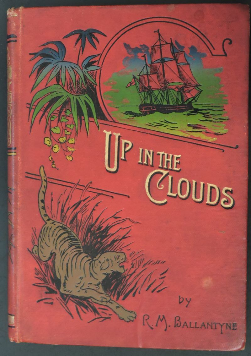Book cover showing title in the centre, a sailing ship at sea next to an image of an exotic plant above the title and a tiger in grass below the title.